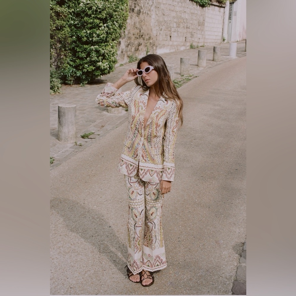 Zara Linen Blend Printed Flare Pants